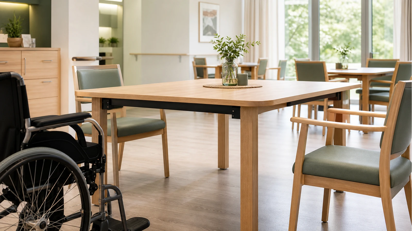 Professionelles redaktionelles Titelbild zum Beitrag: Anforderungen an Pflegetische: Ergonomie, Statik und Rollstuhlzugang