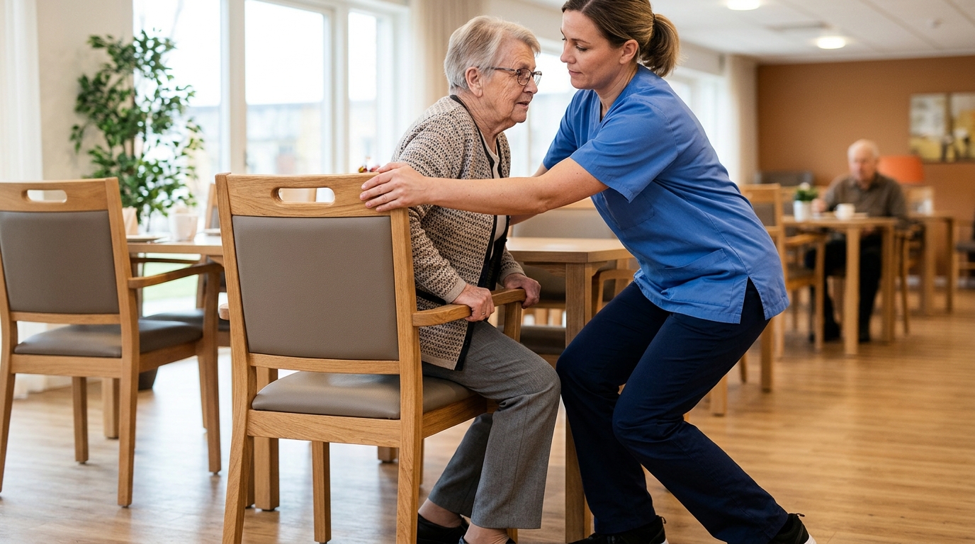Redaktionelles Titelbild zum Beitrag: Ergonomie bei Speisesaal-Stühlen: Griffzonen für das Pflegepersonal